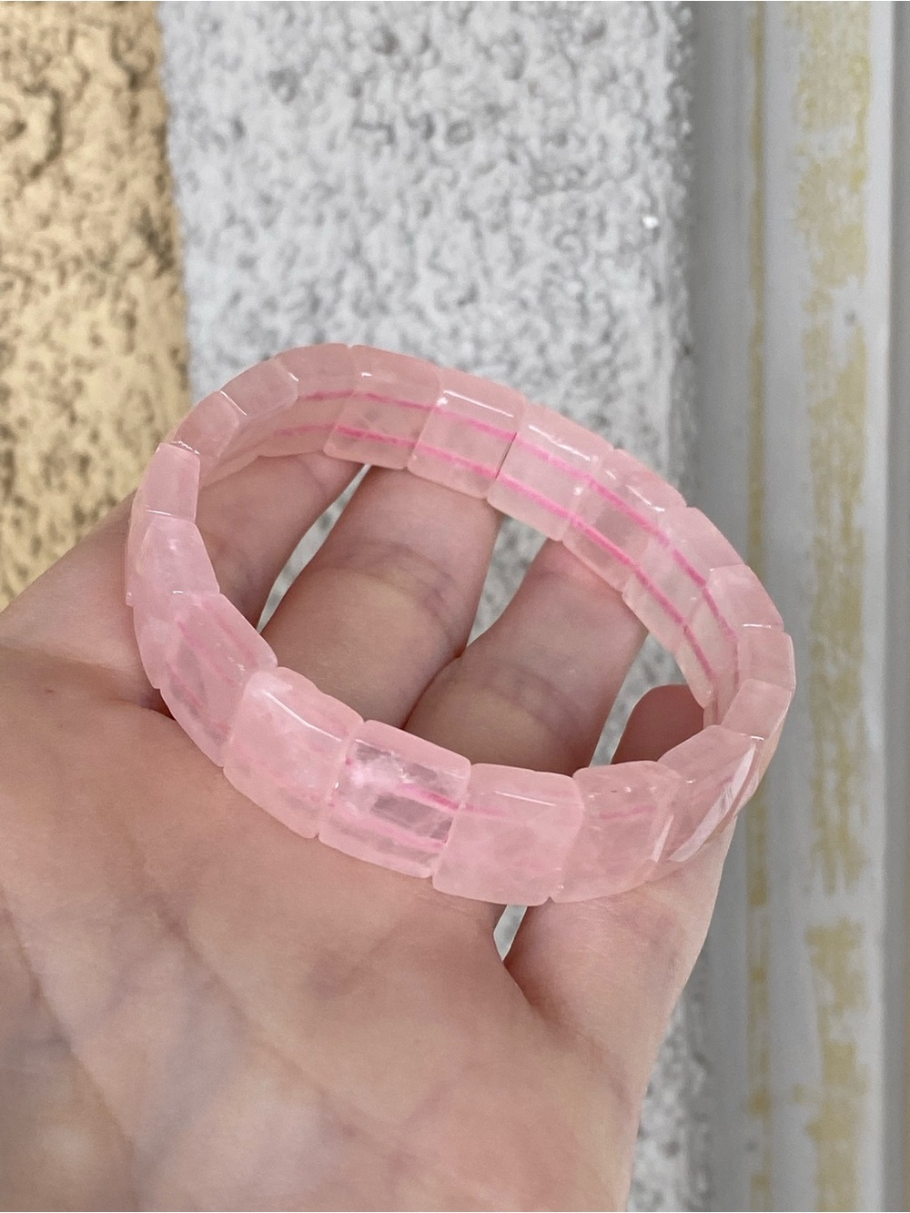 Natural Rose Quartz Soft Bangle Bracelet Pink Quartz Tile Stretch Bracelet 7"